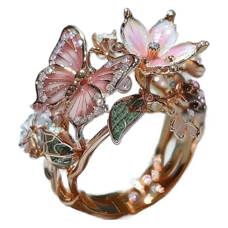 Floral Butterfly Enamel Statement Ring