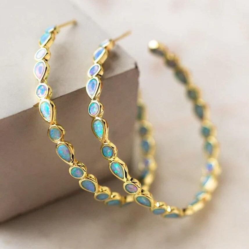 Seyla - Opal Drop Hoop Earrings