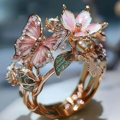 Floral Butterfly Enamel Statement Ring