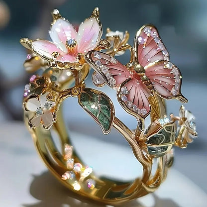 Floral Butterfly Enamel Statement Ring