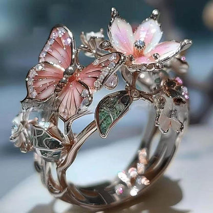 Floral Butterfly Enamel Statement Ring